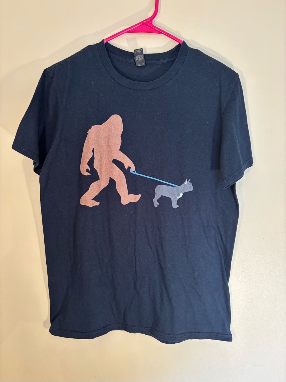 Anvil Navy Tee with Pink Sasquatch and Blue Leash Graphic